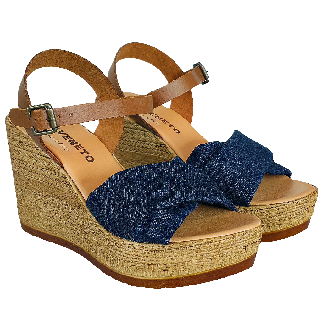 Sandale dama din piele naturala si textil, Maro/Jeans, platforma inalta, Made in Italy. 🌞👡