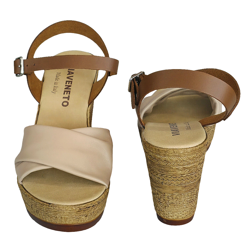 Sandale dama din piele naturala Bej/Maro cu platforma, Made in Italy - Colectia Vara 2025, inaltime 9,5 cm.