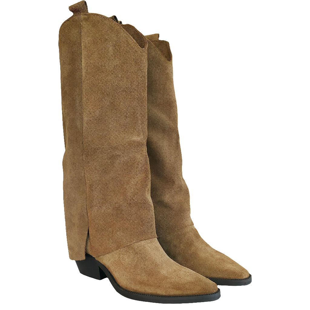 Ciocate dama din piele naturala intoarsa camel, design tubular, inaltime toc 5 cm, Made in Italy.