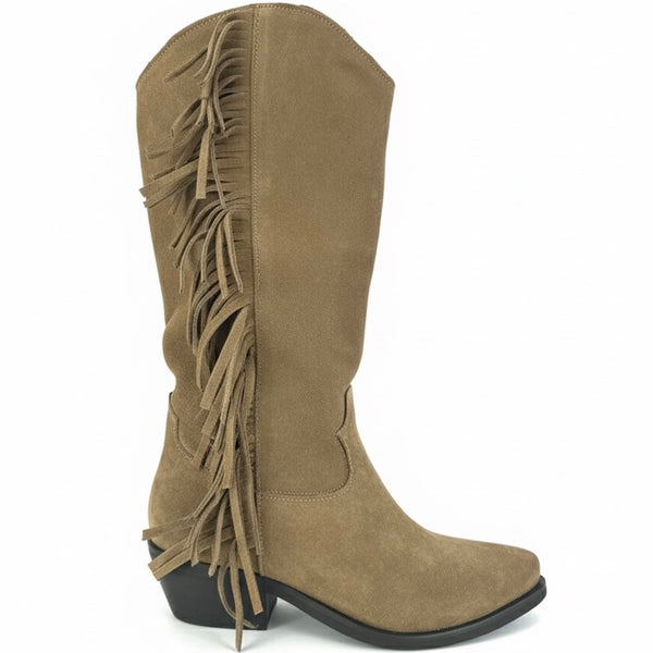 Ciocate dama din piele naturala intoarsa taupe cu franjuri, inaltime toc 5 cm, din colectia Primavara Vara 2025.