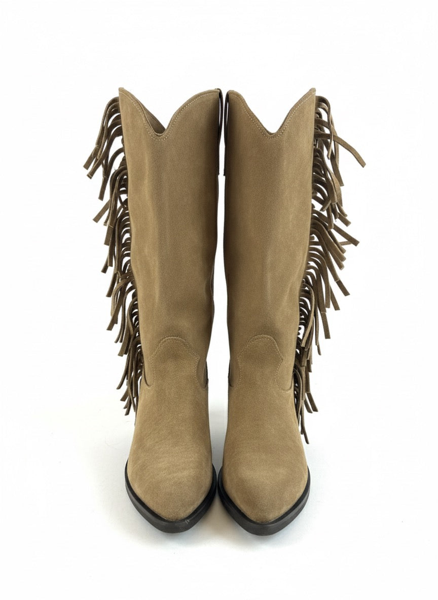 Ciocate dama din piele naturala intoarsa, taupe, cu franjuri, inaltime toc 5 cm, stil tubular, Made in Italy.