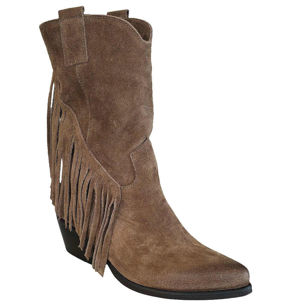Ciocate dama din piele intoarsa, taupe, cu franjuri, inaltime toc 5 cm, model tubular, made in Italy.