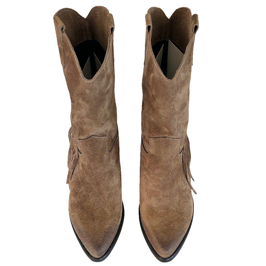 Ciocate dama din piele naturala intoarsa, taupe, model tubular, cu franjuri, inaltime toc 5cm, Made in Italy.