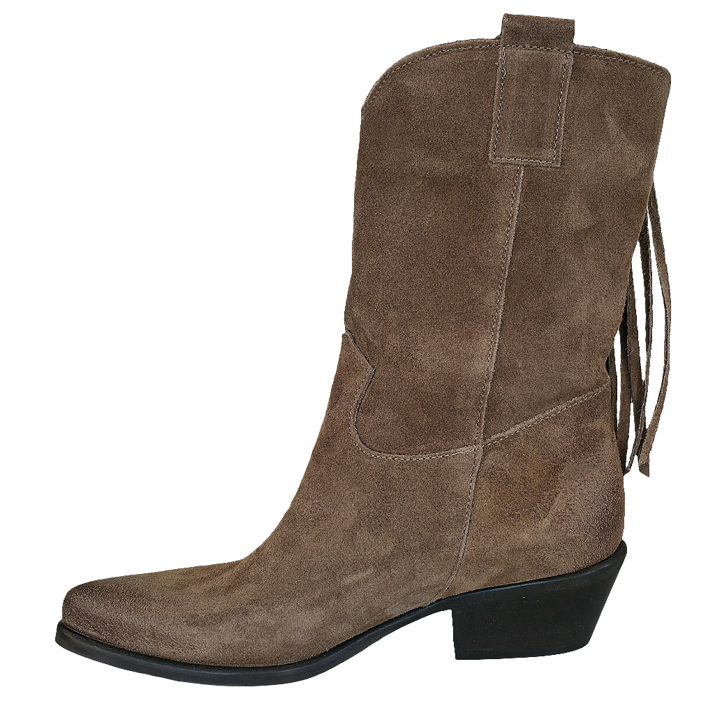Ciocate dama din piele intoarsa taupe, Riccianera, model tubular, tocuri de 5 cm, stil western elegant.
