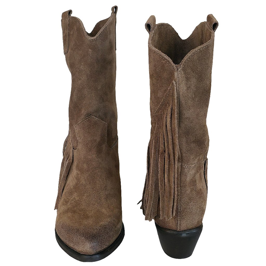 Ciocate dama din piele intoarsa taupe cu franjuri, model tubular, 5cm toc, din colectia Toamna 2025 - Riccianera
