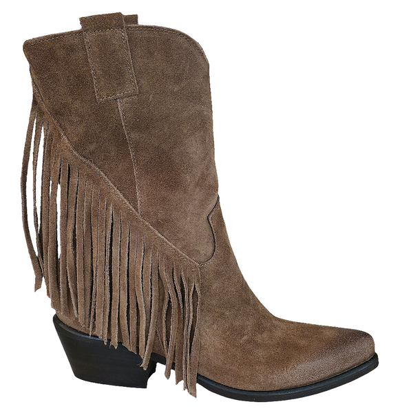 Ciocate dama din piele naturala intoarsa taupe cu franjuri, inaltime toc 5 cm, Made in Italy, Riccianera Art 2089