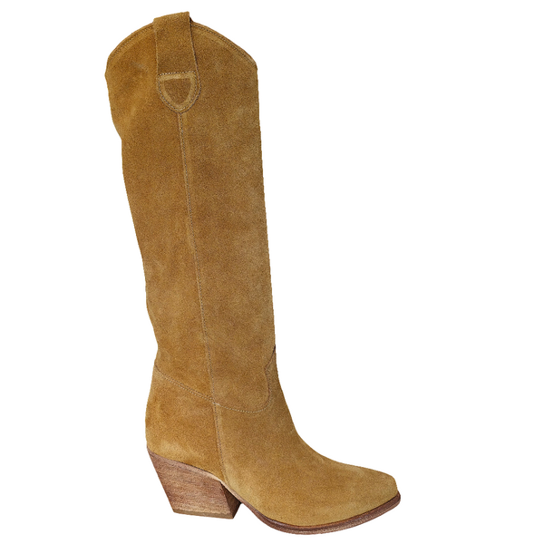 Ciocate dama din piele intoarsa camel, toc mediu de 6.5 cm, model tubular, din colecția Primavara Vara 2025.