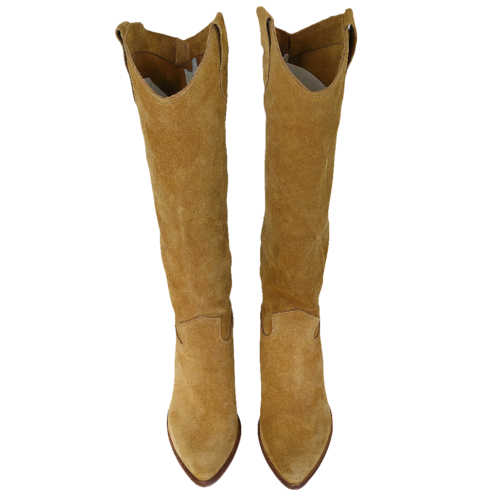 Ciocate dama din piele intoarsa camel, toc mediu de 6.5 cm, model tubular, din colecția Primavara Vara 2025.