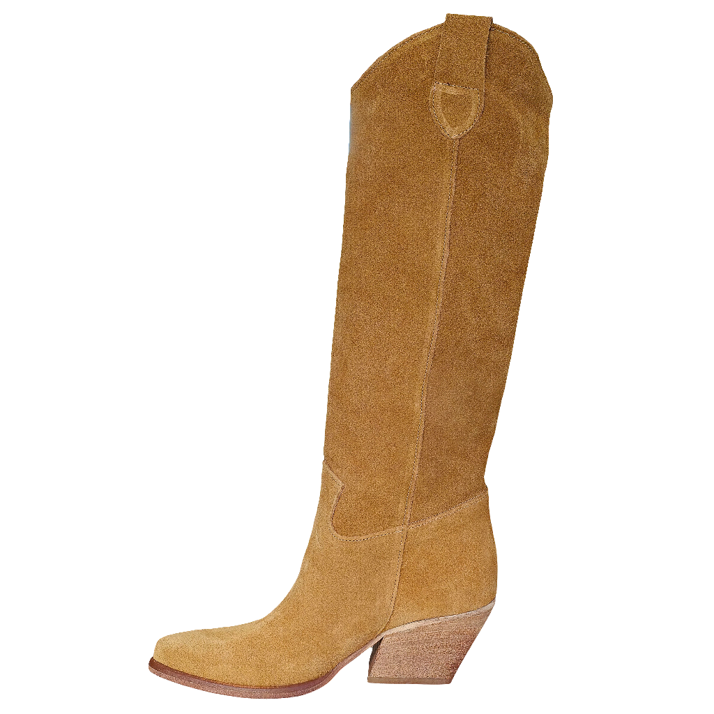 Ciocate dama din piele intoarsa camel, toc mediu 6.5 cm, model tubular, Made in Italy, Colecția Primavara Vara 2025