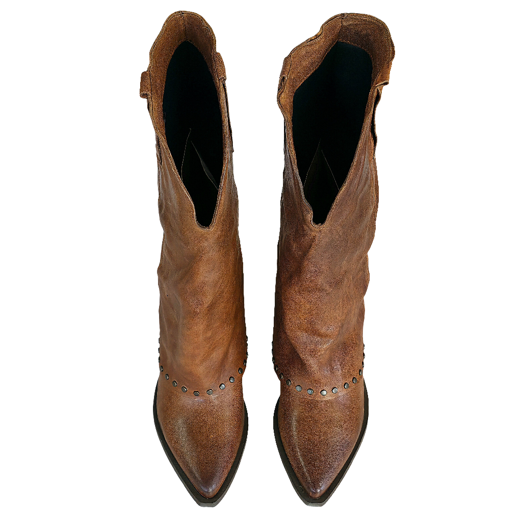 Ciocate dama din piele naturala, maro, cu model vintage, made in Italy, inaltime toc 7 cm, cizma tubulara, RCN021.