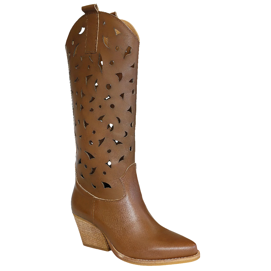 Ciocate dama din piele naturala perforata maro, stil tubular, toc de 6.5 cm, Made in Italy, colecția Primăvara Vara 2025.