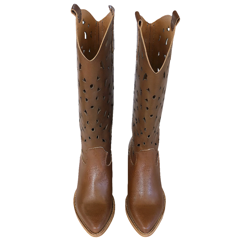 Ciocate dama din piele naturala perforata, maro, stil tubular, inaltime toc 6.5 cm, Made in Italy, model R13.