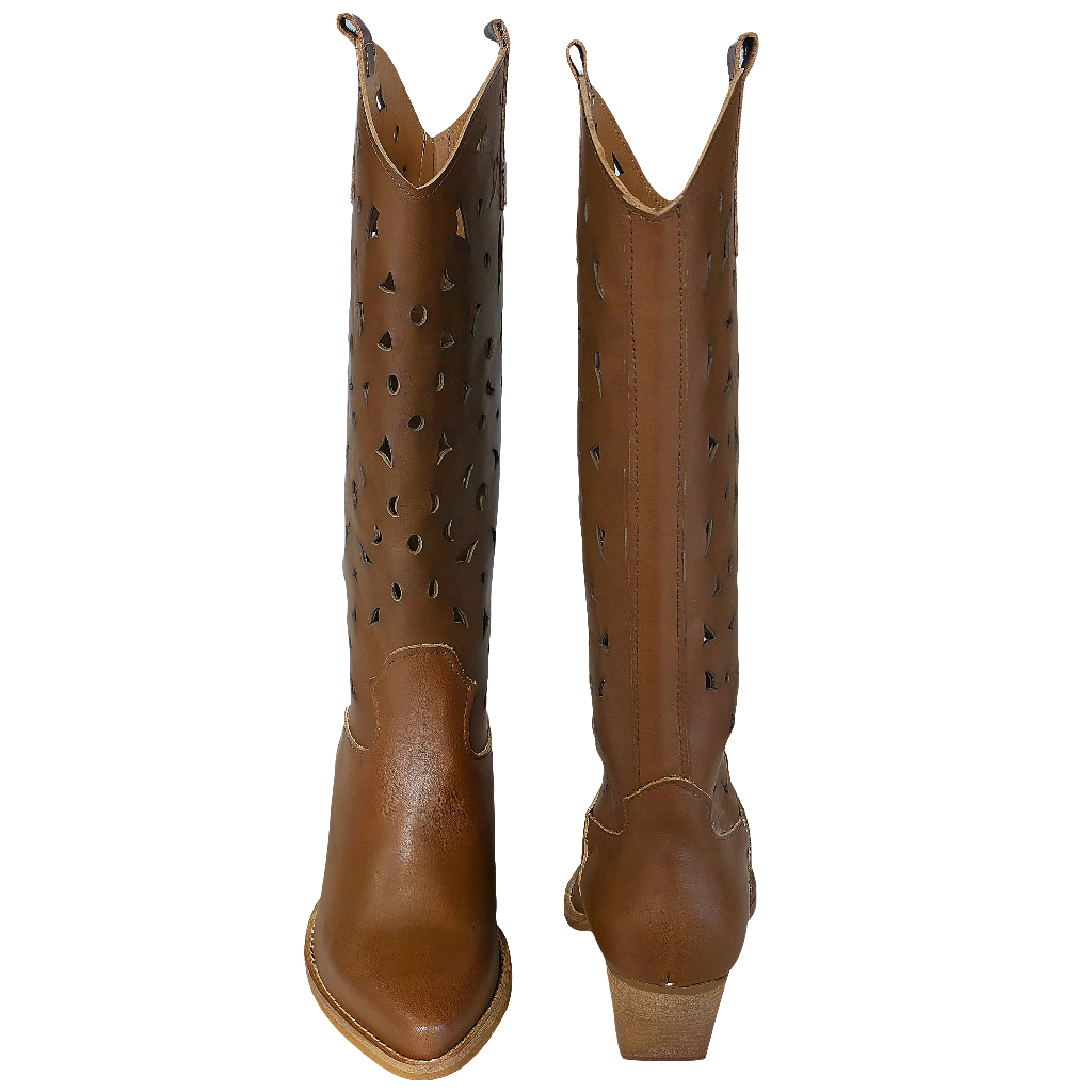Ciocate dama din piele naturala perforata maro, inaltime toc 6.5 cm, model tubular, Made in Italy, Colecția Primavara Vara 2025.