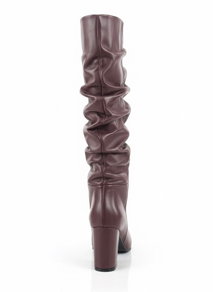 Cizme dama din piele naturala bordo, cu toc de 7.5 cm, design elegant, fără fermoar, ideale pentru toamna 2025.