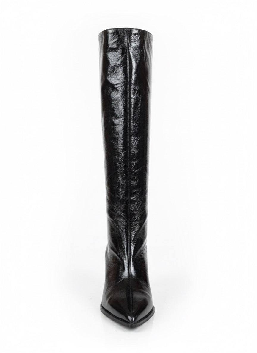 Elegant black glossy leather knee-high boots with low heel, Made in Italy, featuring a zip closure, ideal for Fall 2025.