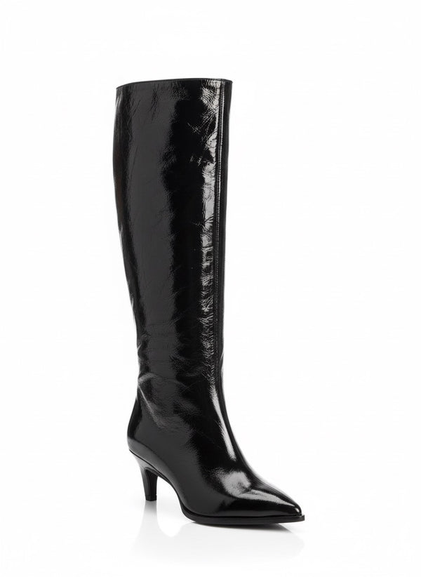 Cizme dama din piele naturala lucioasa, elegante, cu toc mic, negru, Made In Italy, inaltime toc 6 cm, colectia Toamna 2025.