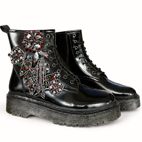Ghete dama din piele lacuita, negru, Movies AB490 cu siret si strasuri, talpa cauciuc aderenta tip Dr. martens, 3.5 cm