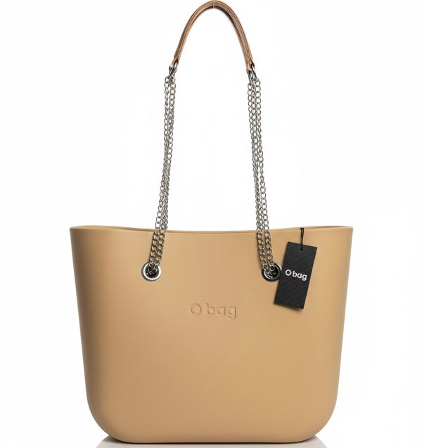 O bag, Geanta de umar pentru dama cu manere detașabile, bej, din material plastic expandat, elegant si functional.