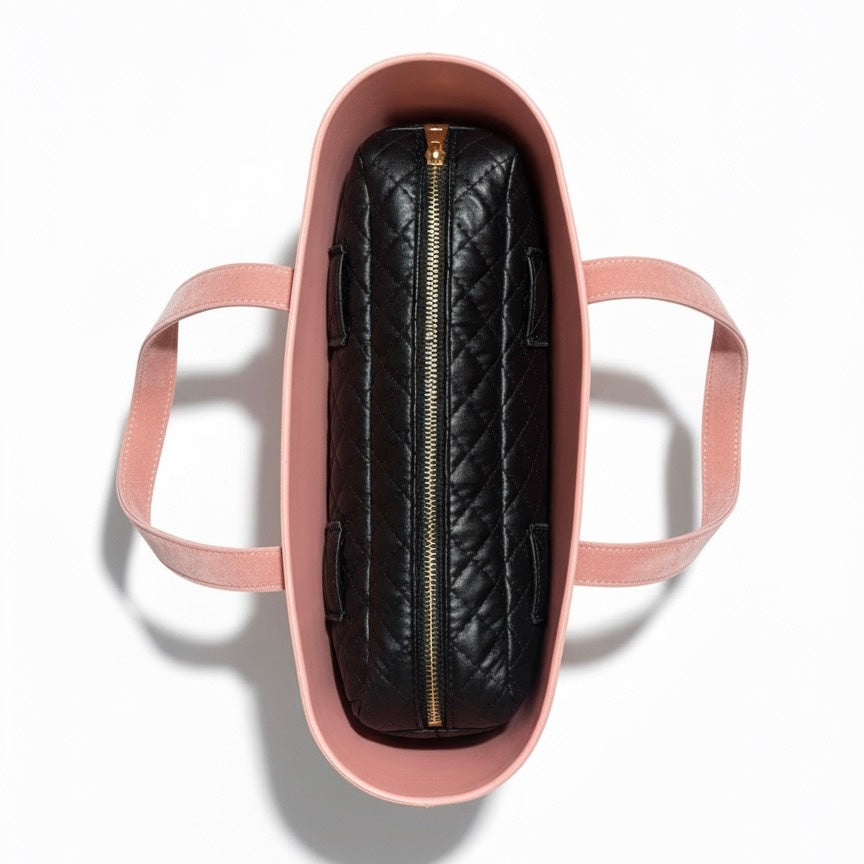 Interior view of Obag pink handbag with detachable handles and a black quilted pouch inside.