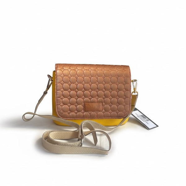 Obag small handbag for women with detachable handles, yellow and quilted brown, ideal for summer 2025.