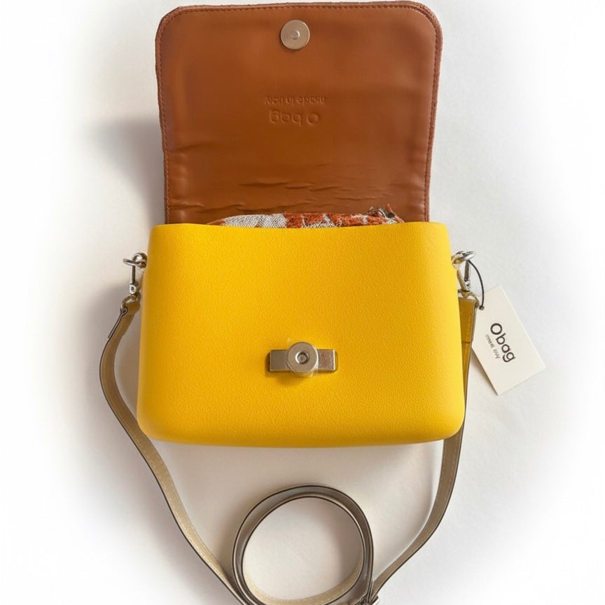 Obag yellow mini handbag for women with detachable handles and brown interior, stylish and easy to clean.