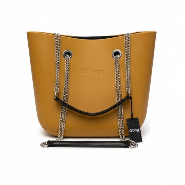O bag, Geanta de umar pentru dama cu manere detașabile, galben, din material termoplastic, cu detalii din lant.