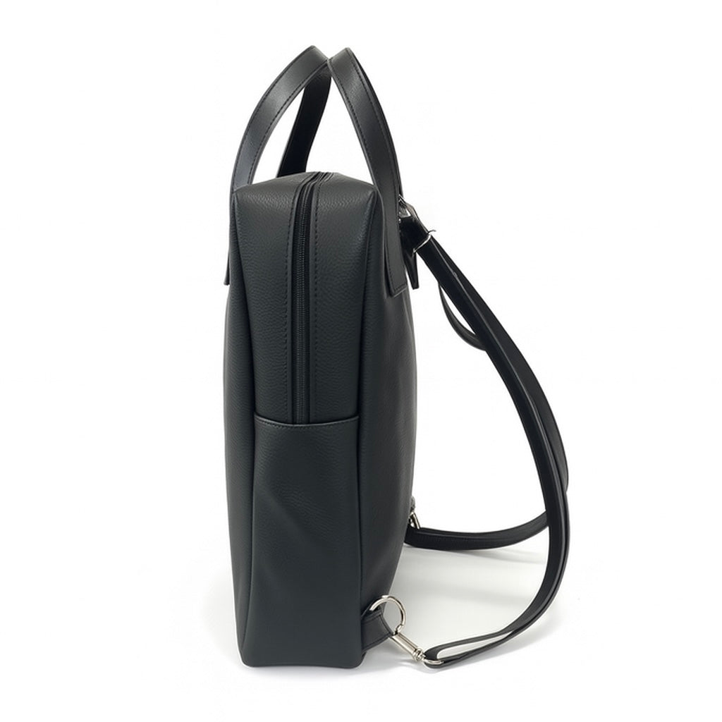 Obag unisex black backpack with detachable handles, made of eco-leather, dimensions 43x34x12 cm, features a single compartment.
