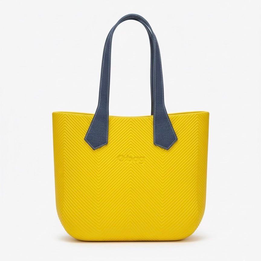 O bag, Geanta de mană pentru dama cu manere detașabile, gablen, galbenă cu manere gri.