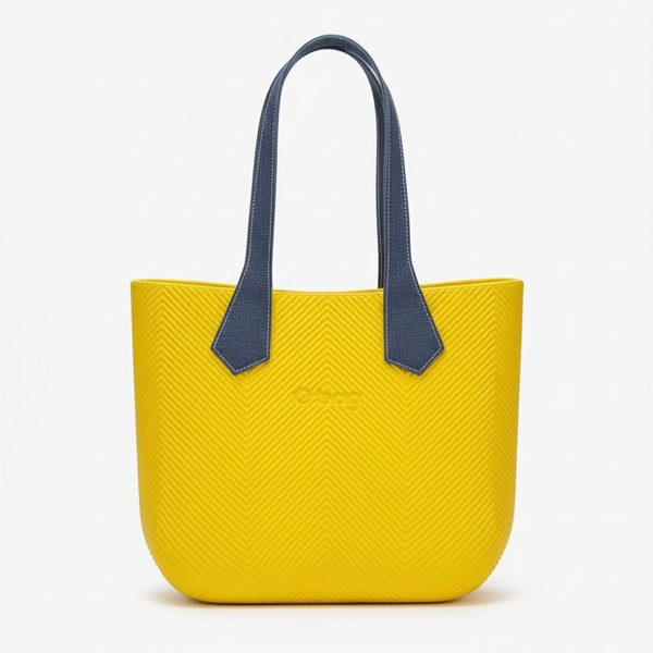 O bag, Geanta de mană pentru dama cu manere detașabile, gablen, galbenă cu manere gri.