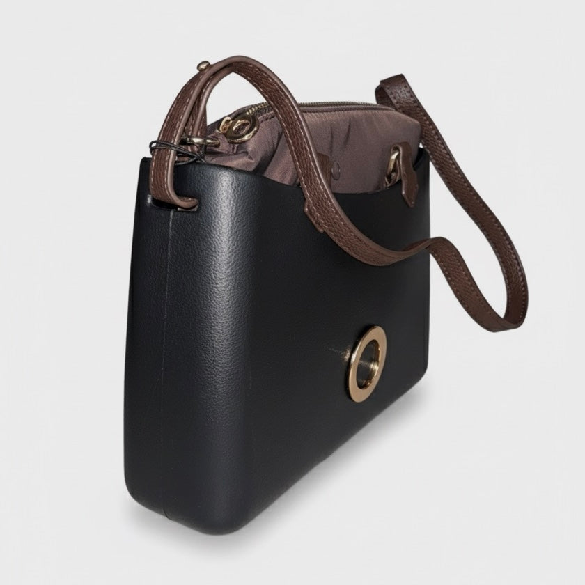 O bag, Geanta de mană medie pentru dama cu manere detașabile, negru, din material termoplastic, elegantă și ușor de întreținut.