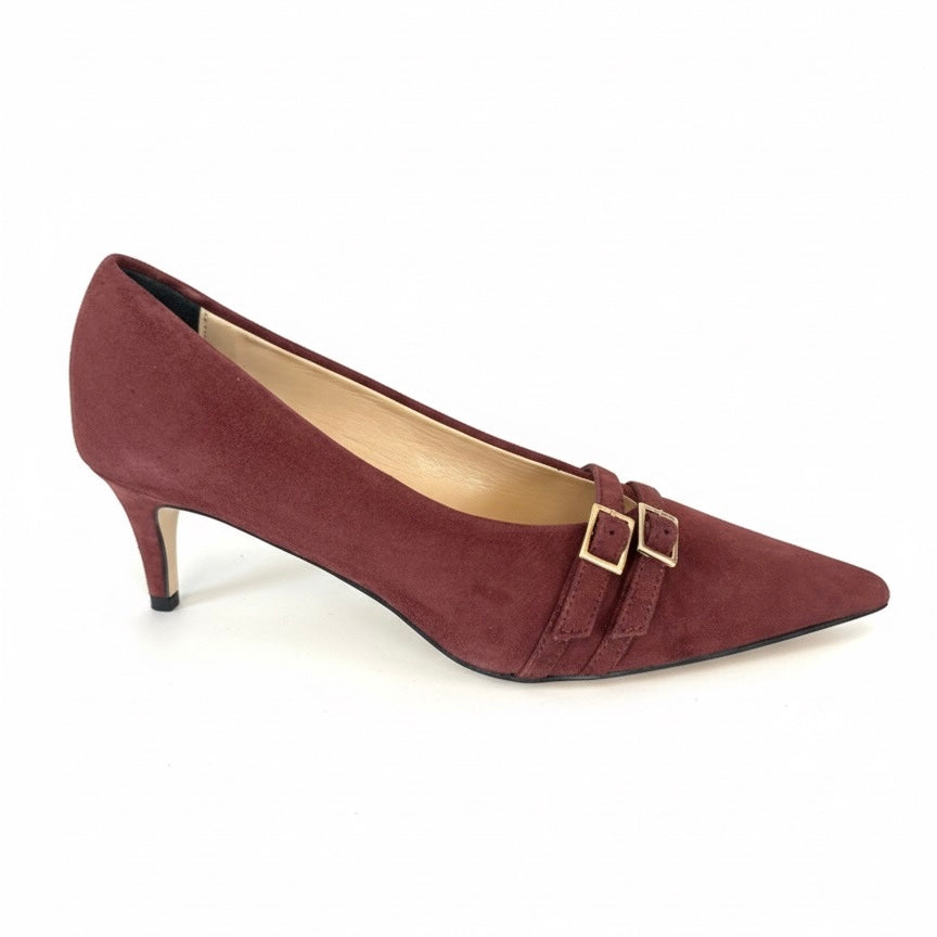 Pantofi dama din piele naturala intoarsa grena cu toc de 5.5 cm, design elegant, made in Italy.