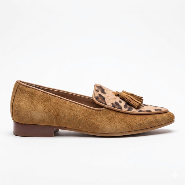 Pantofi dama din piele naturala intoarsa, maro- Melany Leopard, cu design leopard si toc de 2 cm.