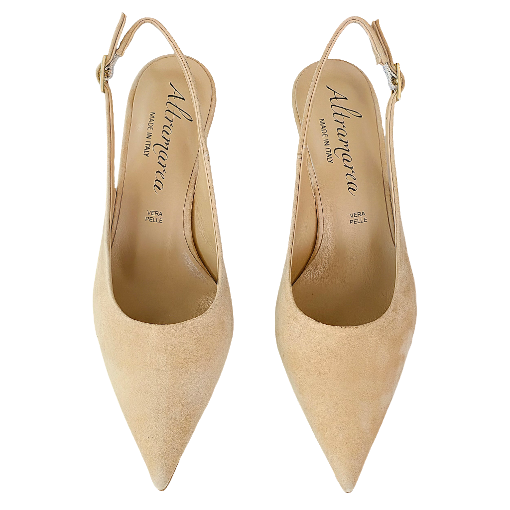 Pantofi dama din piele naturala intoarsa, toc mediu, bej-altramarea, primavara 2025, made in Italy.