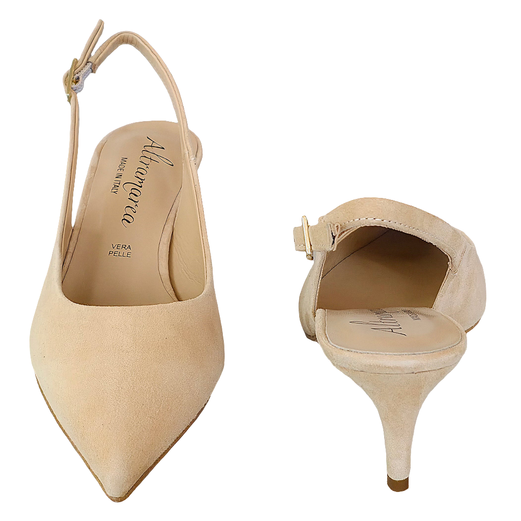 Pantofi dama din piele intoarsa bej cu toc mediu de 5.5 cm, din colectia Primavara 2025, stil elegant, made in Italy.