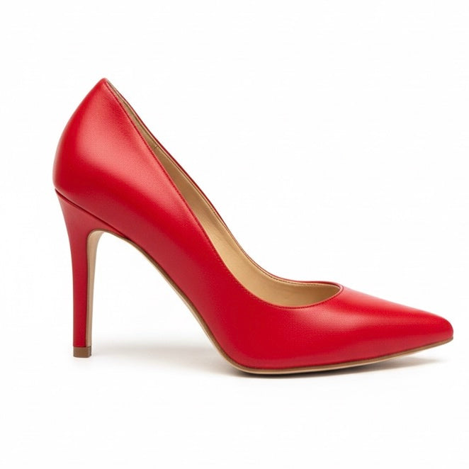 Pantofi dama din piele naturala rosii cu toc de 9.5 cm, din colectia Toamna 2024, fabricati in Italia.
