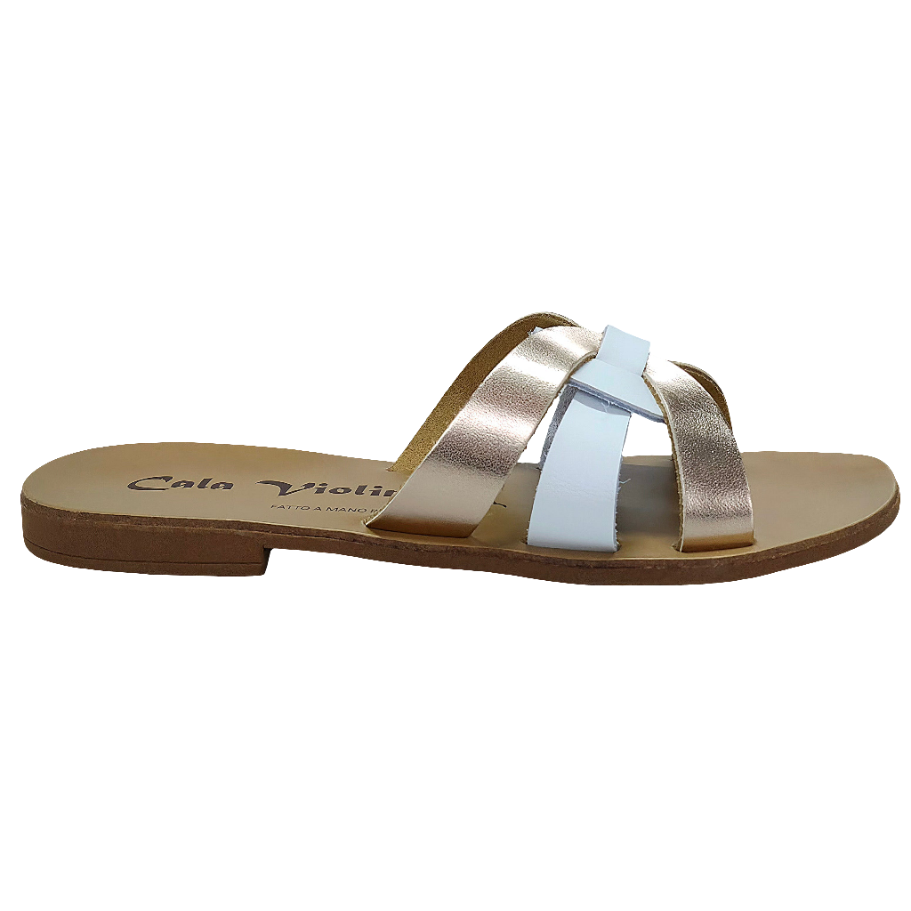 Papuci dama din piele naturala, alb si somon, Cala Violina, confortabili pentru vara, made in Italy.