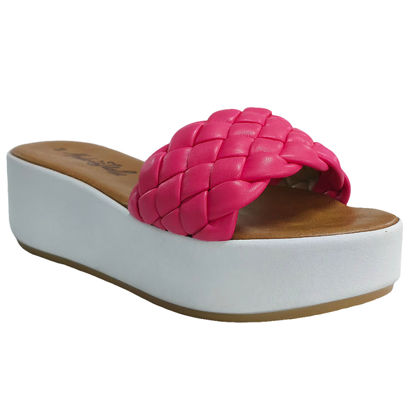 Papuci dama fuxia din piele naturala, platforma alba, colectia Vara 2025, 5.5 cm inaltime talpa, Made in Italy.