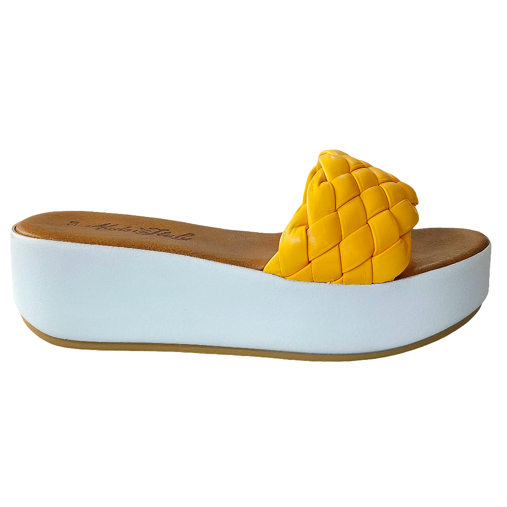 Papuci dama din piele naturala galbeni, cu talpa usoara, inaltime 5.5 cm, Made in Italy, Colectia Vara 2025.