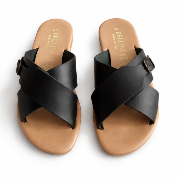 Papuci dama din piele naturala, Negru-Bellini, Catania Nero, R7 - papuci dama negri din piele naturala, Made in Italy