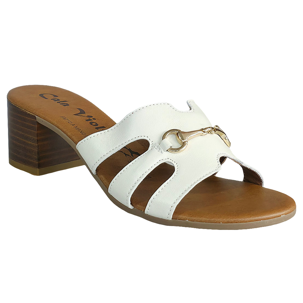 Papuci dama din piele naturala, albi cu toc de 5 cm, model Cala Violina, eleganți și confortabili pentru vara 2025.