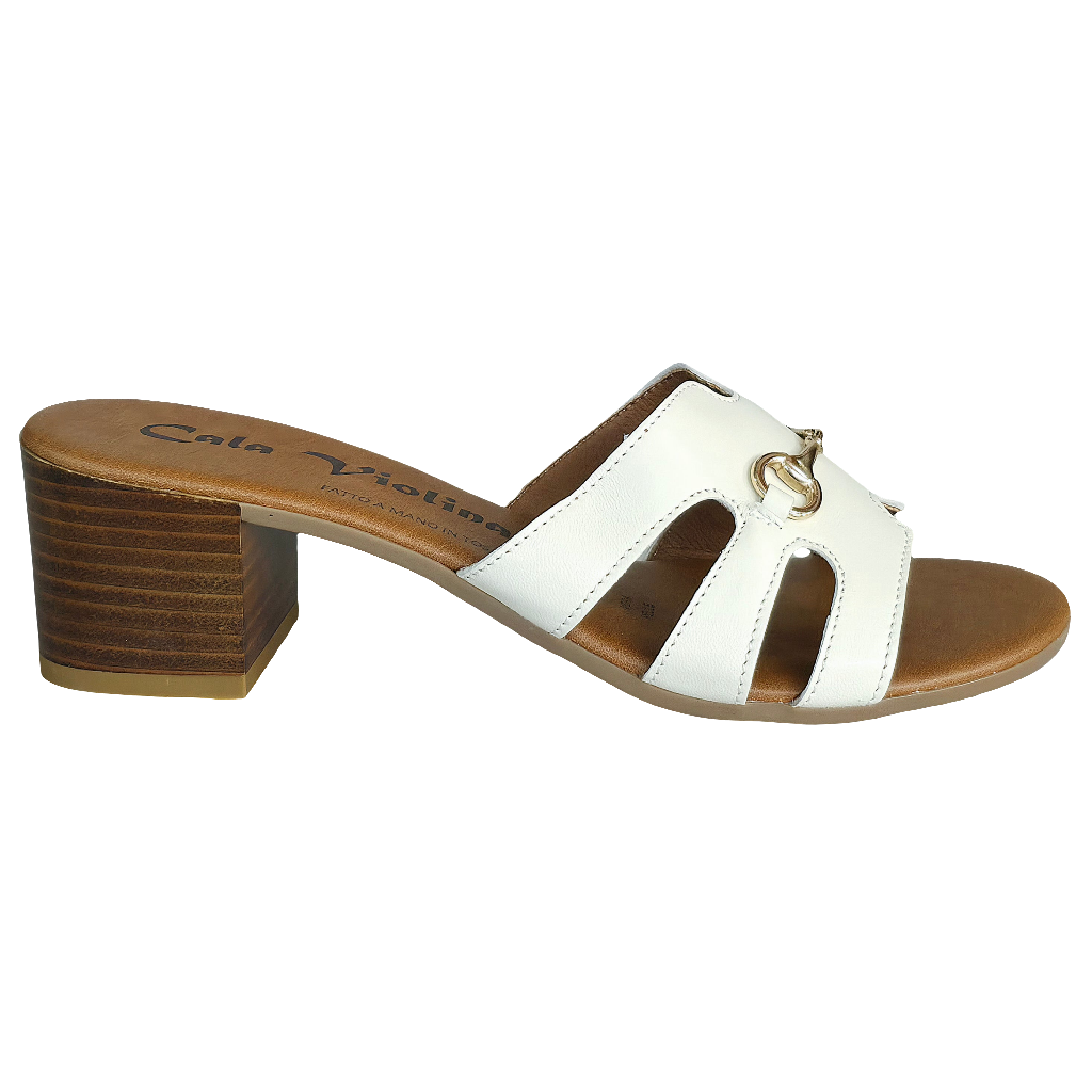 Papuci dama din piele alba, cu toc de 5 cm, model Cala Violina, perfecte pentru vara 2025.