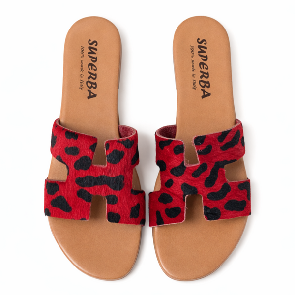 Papuci dama din piele naturala, Rosu Leopard-Superba, H Leop.Rosso, R8 papuci rosii leopard din piele naturala Made in Italy