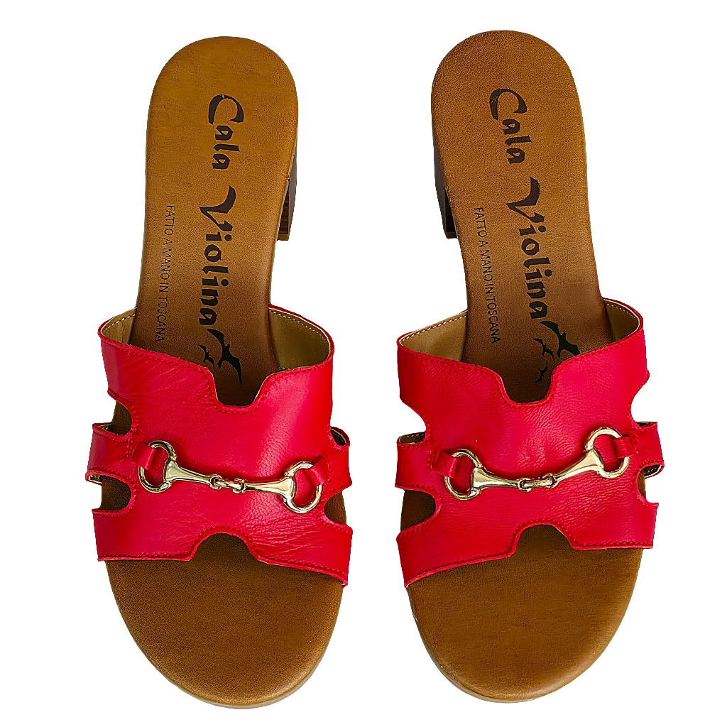 Papuci dama din piele naturala Rosso-Cala Violina, conector auriu, inaltime toc 5 cm, colectia Vara 2025.