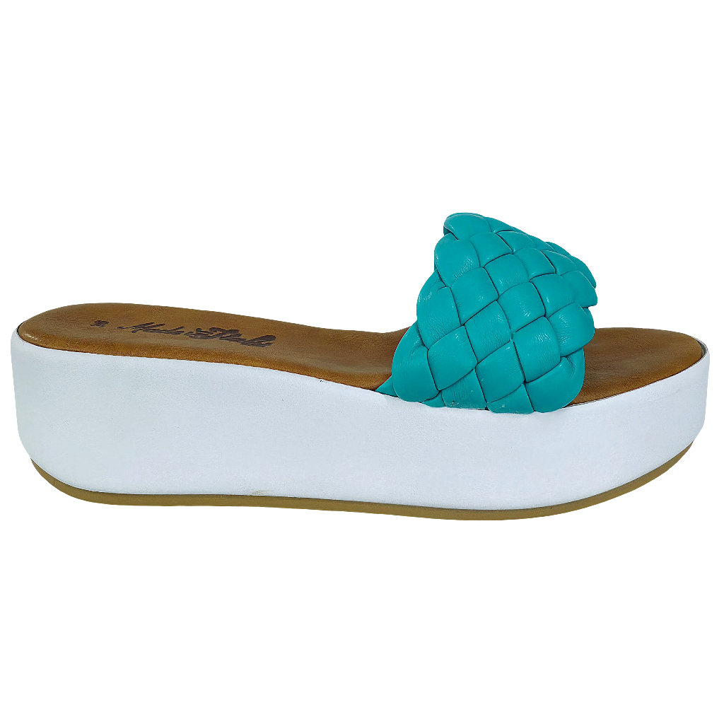 Papuci dama din piele naturala, turcoaz, cu talpa usoara de 5.5 cm, Made in Italy, Colectia Vara 2025.