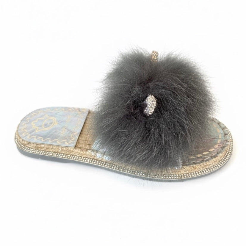 Papuci de casa cu blana naturala, Talpa din iuta, gri, k03-03 Grey - Movie's, cu design elegant si confortabil.