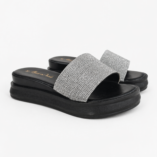 Papuci din piele naturala, Argintiu-Made in Italy, Diamante Strass Nero, R4