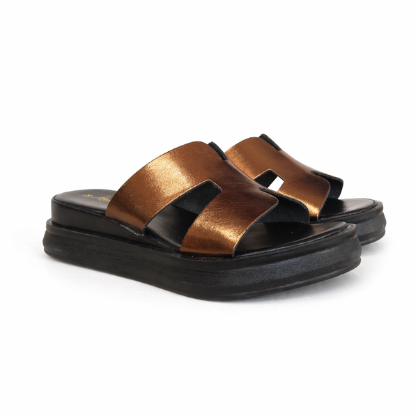 Papuci din piele naturala, Bronz-Made in Italy, Zeppa H Bronzo, R4 in bronz cu talpa neagra
