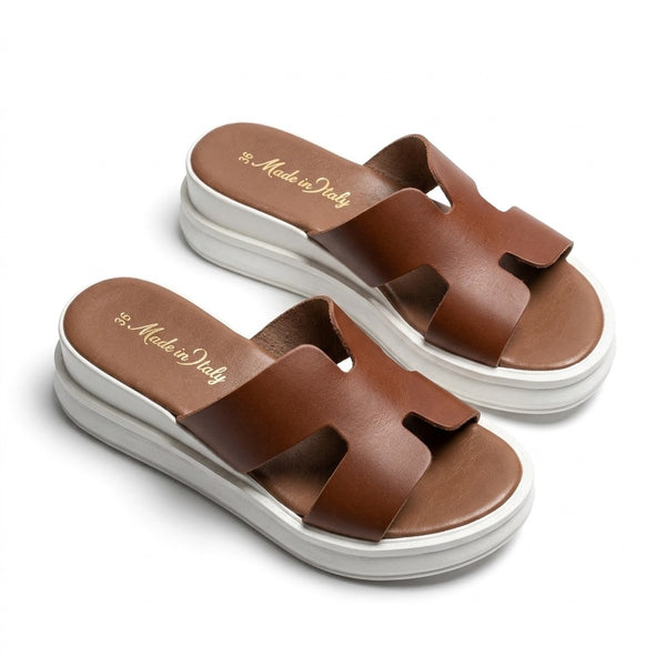 Papuci din piele naturala, maro- Donna Toscana Zeppa H Cuoio, incaltaminte din piele, stil italian.