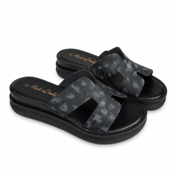 Papuci din piele naturala, negru- Donna Toscana Zeppa Nero cu imprimeu leopard, confortabili, din piele, made in Italy