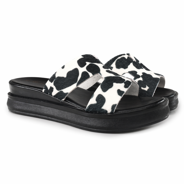 Papuci din piele naturala, Negru-Made in Italy, Zeppa H Mucca, R4 cu model vaca, talpa inalta.